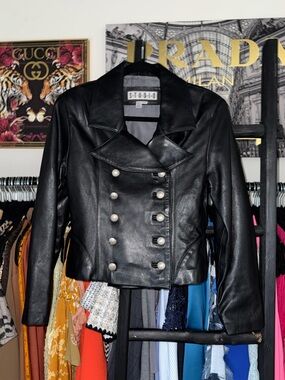 Siena Studio Black Leather Double Breasted Cropped Jacket Womens Small EUC